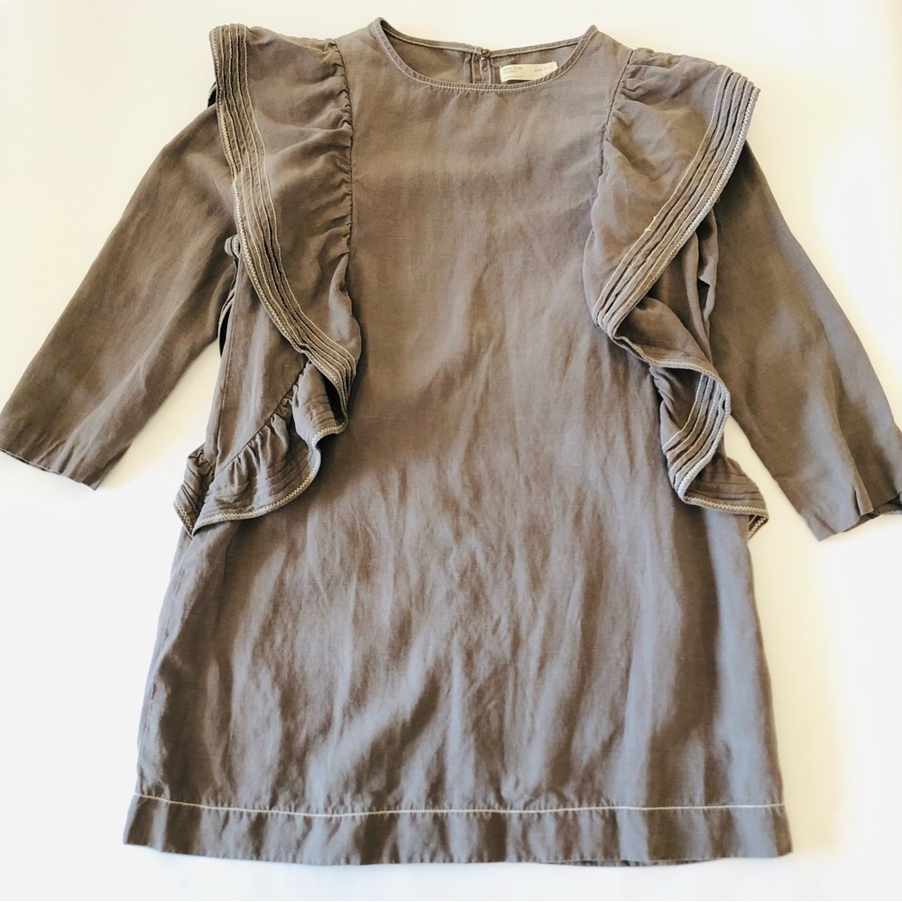 Zara Linen Blend Grey Ruffle Shift Dress - Girl’s 13-14